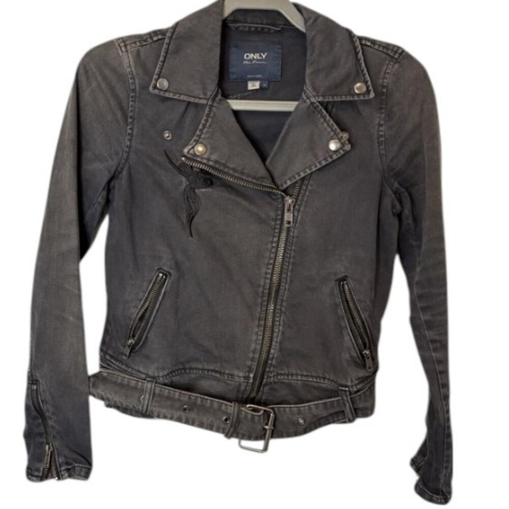 Only black notched biker-style denim jacket size 4